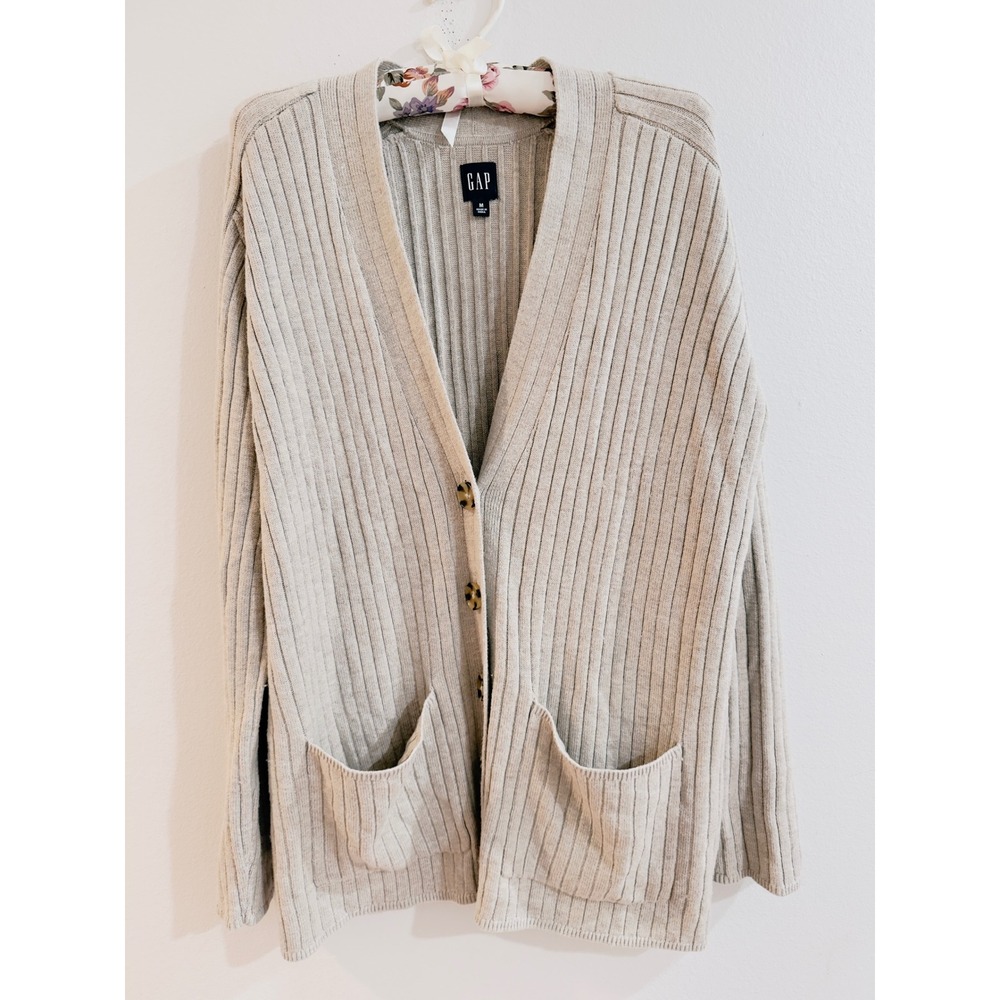GAP Womens Beige Ribbed Cardigan Merino Wool Blend Sweater Button Front Medium‎